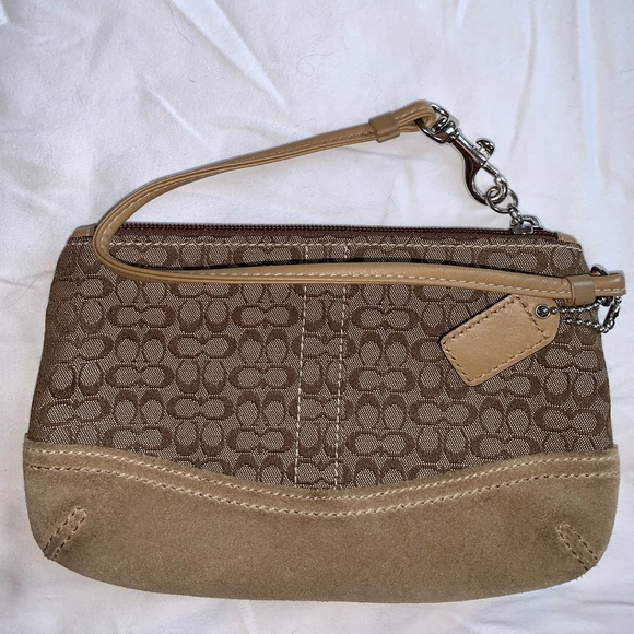 Coach Tan Canvas Monogram Wristlet W/ Suede Trim - Picture 2 of 16